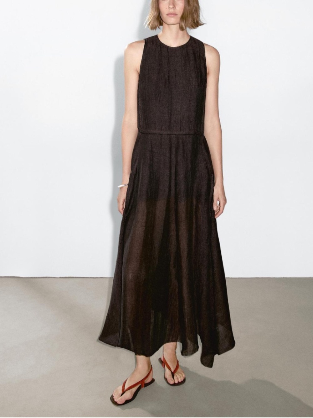 Massimo Dutti 100% Linen Midi Dress , Chocolate, size 6